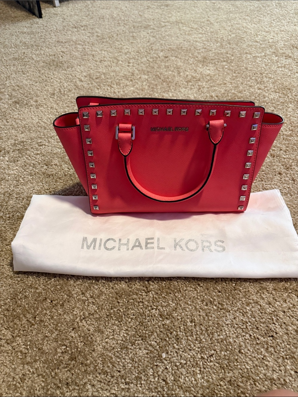 Michael Kors Coral Pink Studded Saffiano Satchel